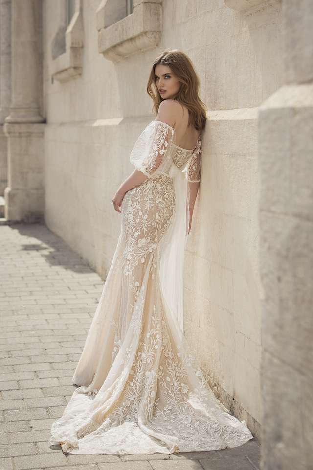 fitted wedding dress with lace and detachable sleeves