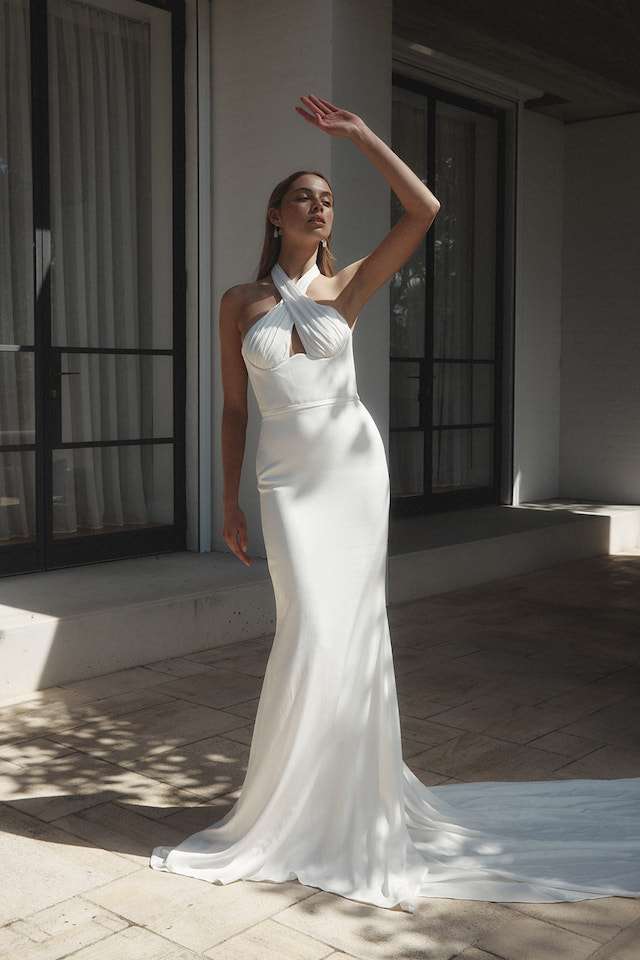 charmeuse bridal gown with halter neckline