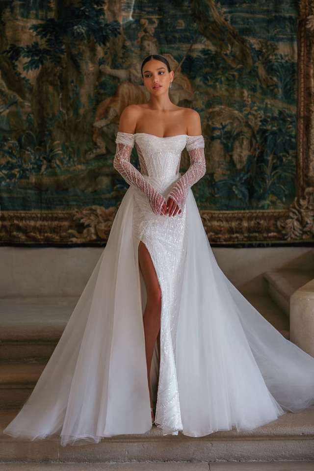 wedding dress with over skirt and long sleeves