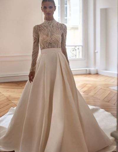 long sleeve pearl modest wedding gown