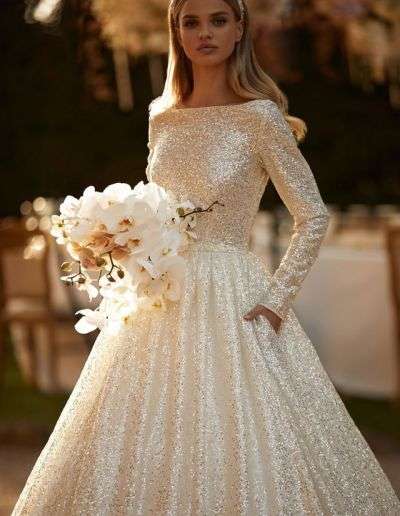long sleeve sparkly modest wedding dress