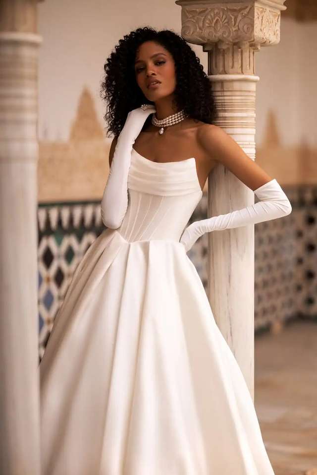 strapless satin bridal gown