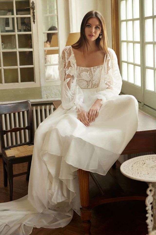 square neckline wedding dress with bishop sleeves and lace