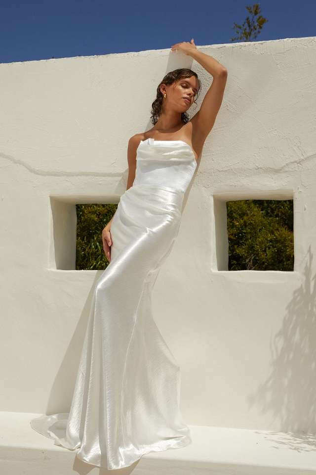 silky satin strapless ruched wedding dress