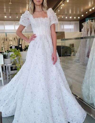 modest puff sleeve wedding dress with puff sleeves and corset