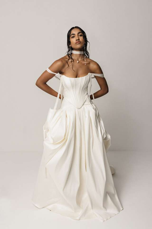 Satin corset wedding dress with full a line skirt