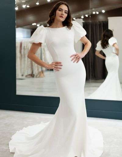 modest bridal gown with high neckline and short sleeves