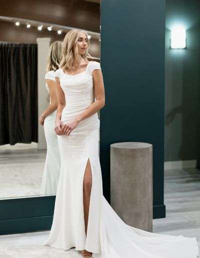 modest wedding dress with cap sleeves and cowl neckline