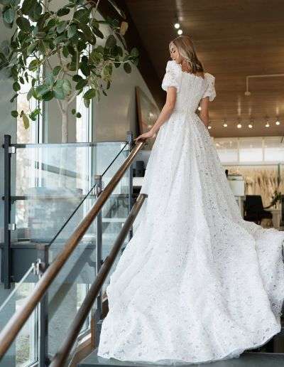 modest a line wedding dress with puff sleeves and train