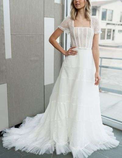 Modest tulle a line wedding dress with sleeves and lace