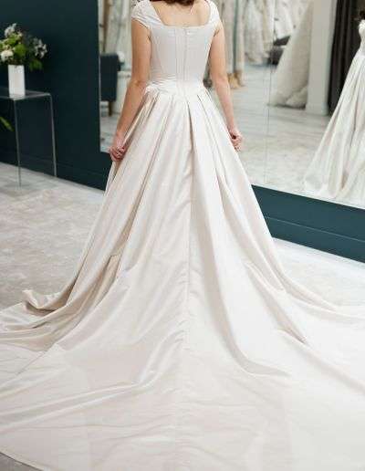 satin modest bridal gown with open back